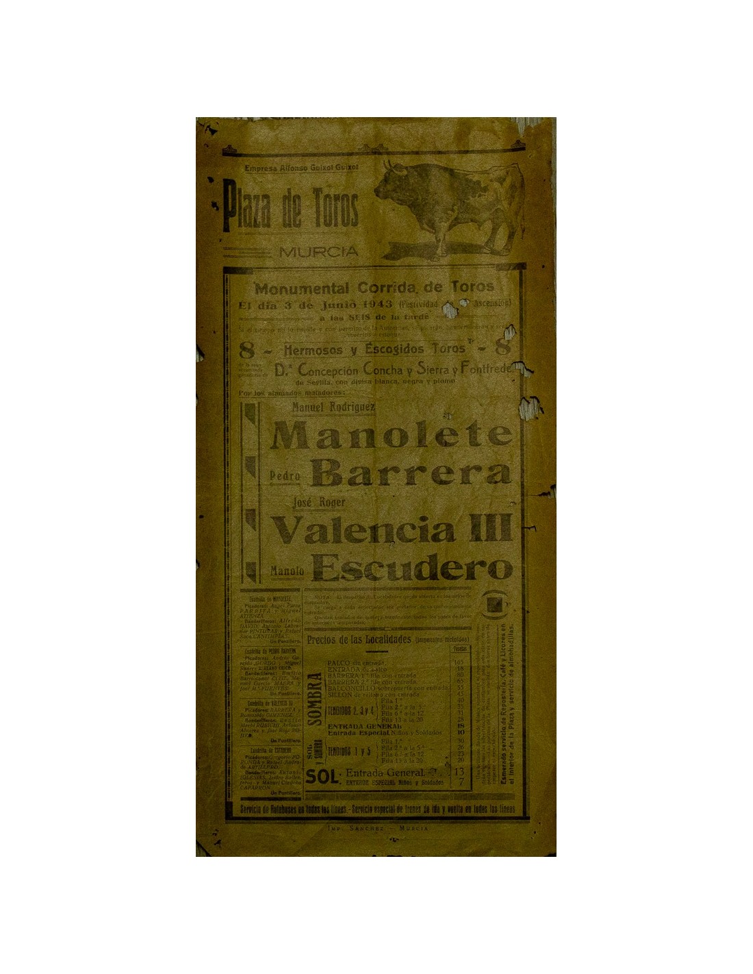 Cartel toros Murcia 1943 | Antigüedades Murcia