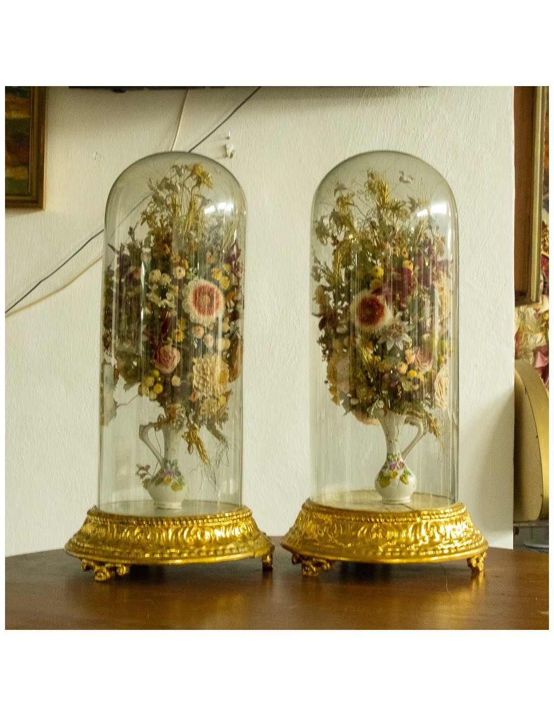 Pareja fanales flores tela s.XIX | Antigüedades Murcia